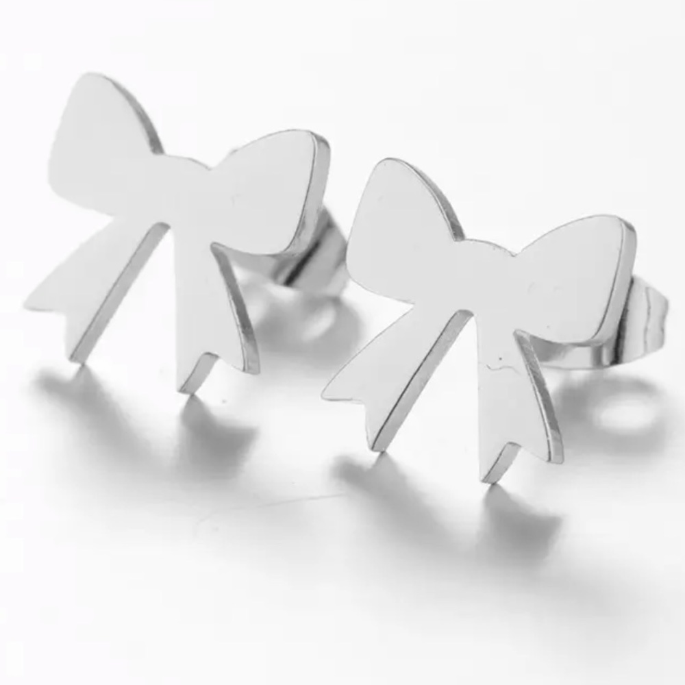 CUTE BOW SILVER Stainless Steel Stud Earrings with Gift Bag